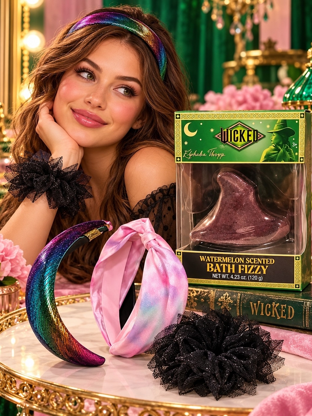 Wicked Bundle  Watermelon Scented Bath Fizzy And 2 Headbands And A Scünci
